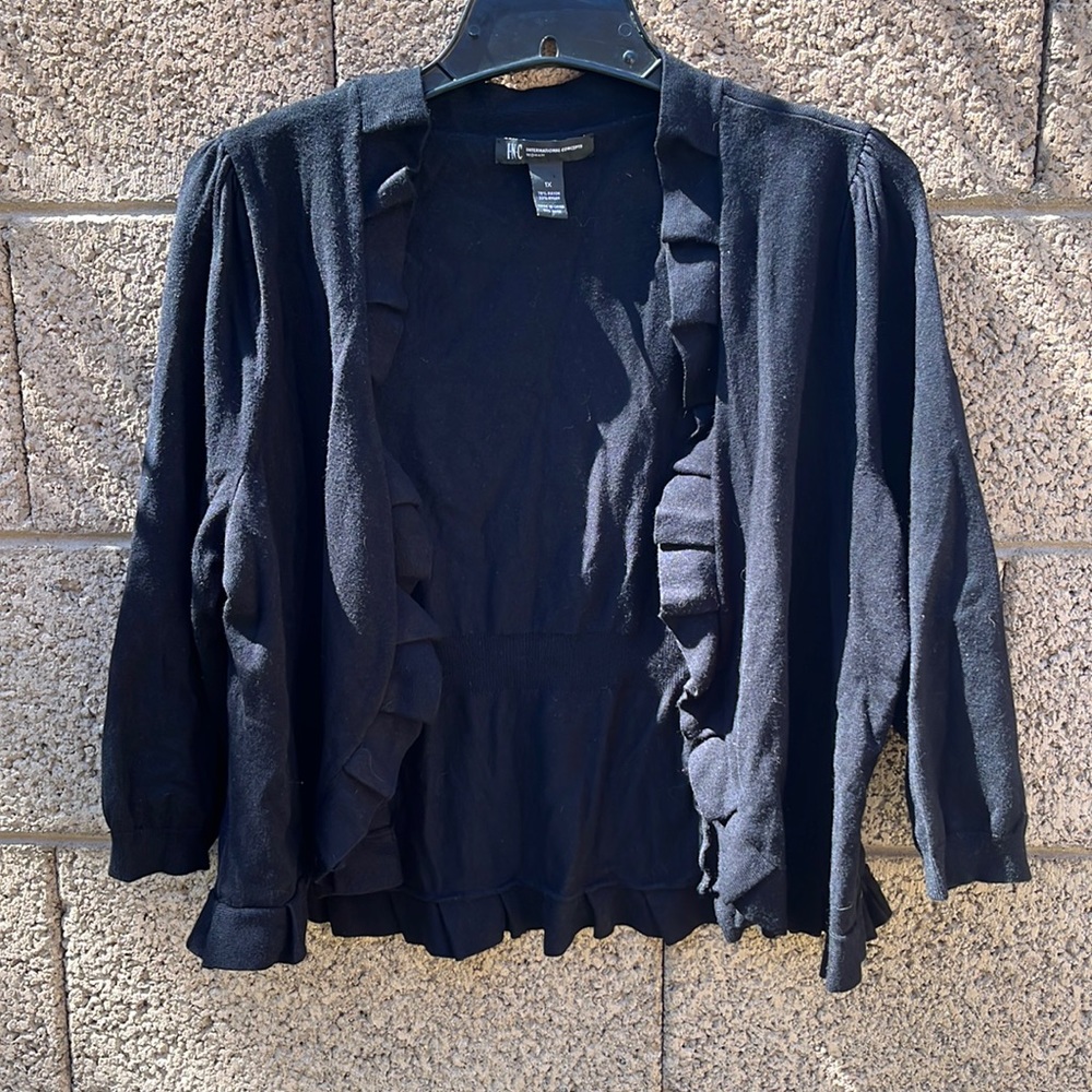 INC International Concepts Black Ruffle Trim Open Front Shrug Cardigan Plus Size